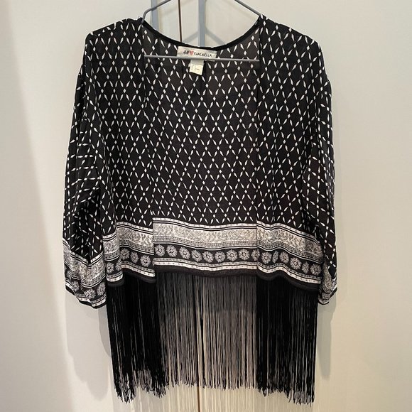 Adorable H&M Coachella Women's Kimono Top Black and White with Fringe-Size Small - Picture 1 of 9